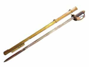 Brytyjski pałasz oficerski piechoty wz. 1822 z okresu wiktoriańskiego, typ Gothic hilt z mosiężnym jelcem i monogramem królowej Wiktorii